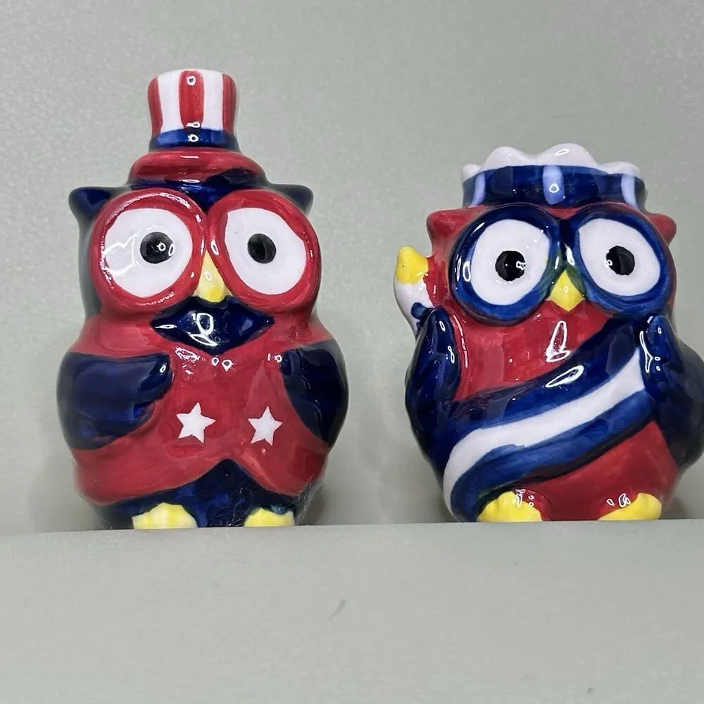 Patriotic Owl Salt & Pepper Shakers Ceramic Uncle Sam Stars Stripes 4th of July